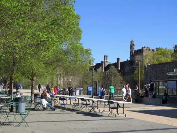 Gorgeous Gothic architecture, impressive chapel, and cute patios under leafy trees.