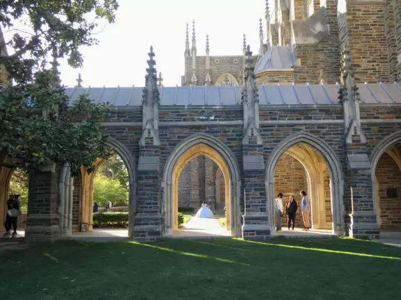 Gorgeous Gothic architecture, impressive chapel, and cute patios under leafy trees.
