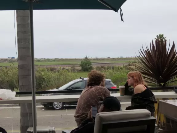 Row of cafes by the lagoon near Torrey Pines State Beach.