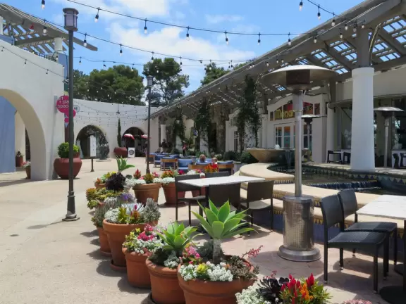 Plaza with cafes, and amazing public patio overlooking the ocean.