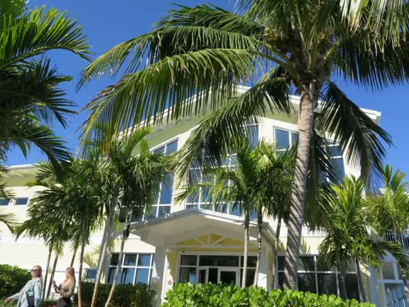 Two-level modern winter manatee viewing center with walkway by the water.