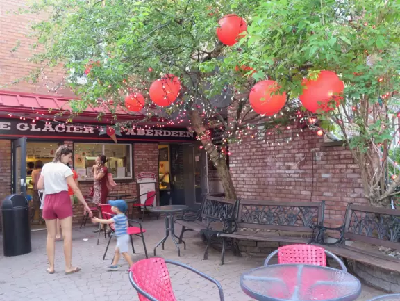 Cute street with huge decorative lanterns.
