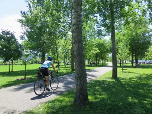 Wonderful spot along the river, with happy people biking and roller blading by. Observation tower with sweeping views.