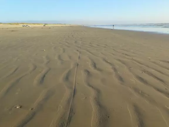A glorious beach in Grover Beach town, with sand dunes and a wooden boardwalk, plus an octagon-shaped wooden pier in the sand.