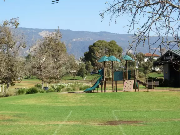A large grassy park with rows of flowers, a playground with rock arch to climb, and sports fields.