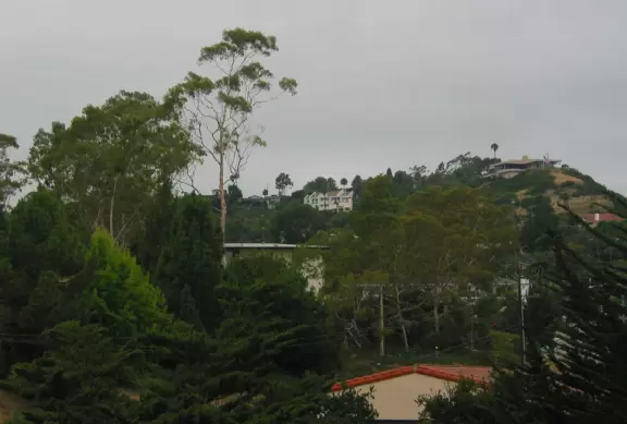 A huge green lawn looking out over the bright blue ocean and Leadbetter Beach.