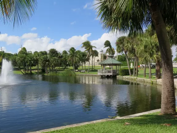 Playground by a lake with ibis birds, turtles, and a walking path.