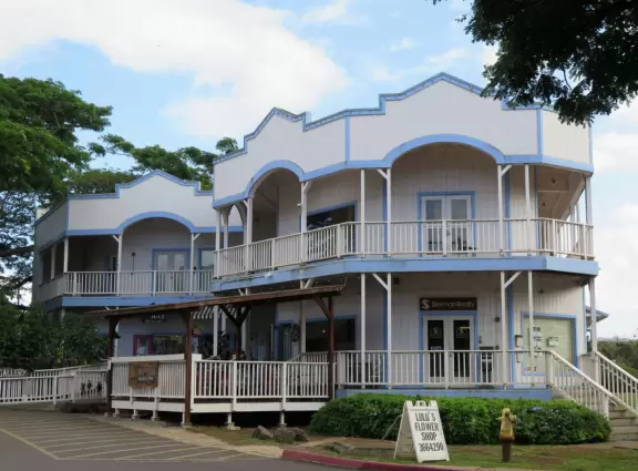 Shopping plaza with large trees and colorful architecture. Nice cafes and shops.