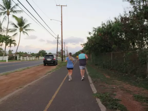 Solid bike path that runs along Waialua Beach Road for 1.4 miles with views of the mountains and flowers.