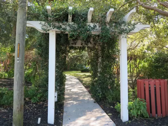 Magical spot with white sand beach on the river, coconut trees galore, views of the Ernest Lyons Bridge, and shady playground with tall, tall slides!