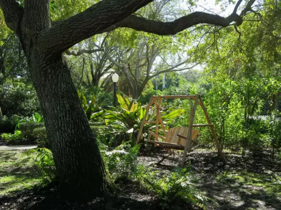 Magical spot with white sand beach on the river, coconut trees galore, views of the Ernest Lyons Bridge, and shady playground with tall, tall slides!
