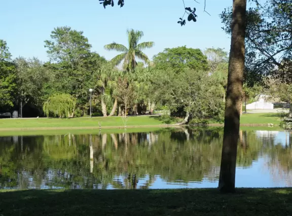 Popular 1.7 mile loop walking path with some shade and wooden boardwalk beside the river.
