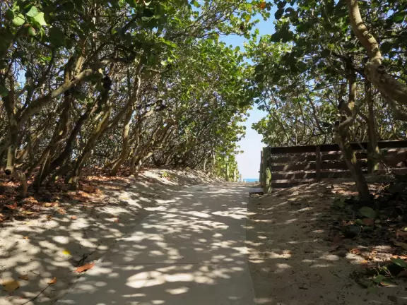 Exposed beach with gorgeous sea grape forest, sand volleyball courts, and basketball courts- a happening scene! Plus a concession snack area with a huge grass shack for shade.