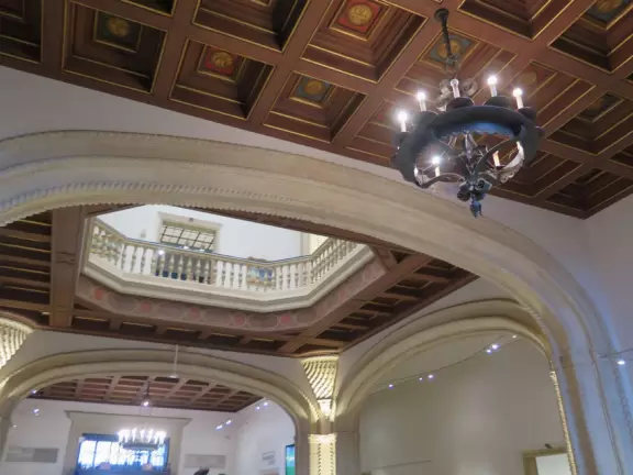 Art museum in a beautiful building in Balboa Park, with pleasant patio cafe beside a lawn.