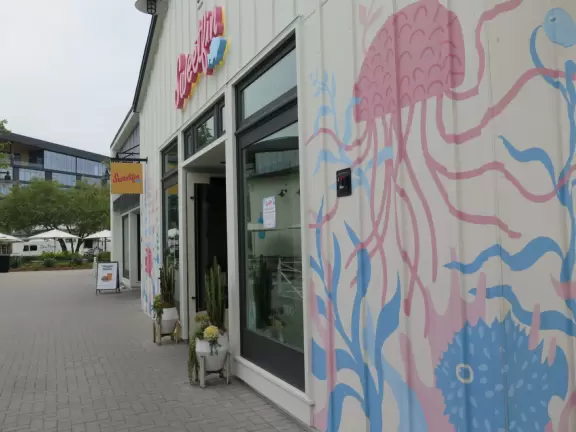Upscale, colorful plaza in farmhouse style, with modern cafes. Kids climb on a huge log. The fire pit is fantastic at night, surrounded by eucalyptus trees.