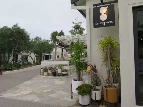 Upscale, colorful plaza in farmhouse style, with modern cafes. Kids climb on a huge log. The fire pit is fantastic at night, surrounded by eucalyptus trees.