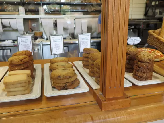 Restaurants with magical gardens, shops, fountain, open grassy areas, historical salmon-pink Spanish Revival architecture at a former naval training center.
