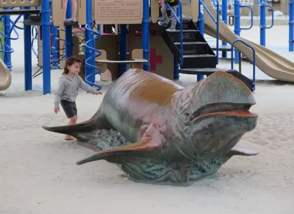 Playground by the sea with whale sculpture, shade canopies, climbies, spinning monkey bars, baby swings, low twisted trees to climb, and grass to run on.
