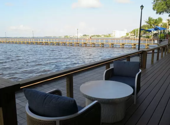 Historic main strip that looks dowdy from a distance but is actually very nice up close! Incredible waterfront stage and boardwalk!