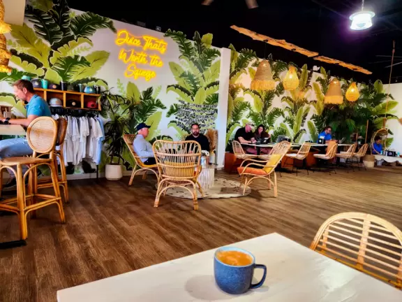 Wide-open park across the street from the beach with playground with pretend train, picnic pavilions, and sand volleyball courts.