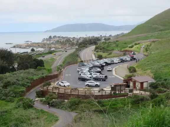 Steep walk up a narrow trail with wildflowers and ocean views. Loud noise from freeway (unless you take the inland trail), limited parking, and lots of people on mountain bikes.