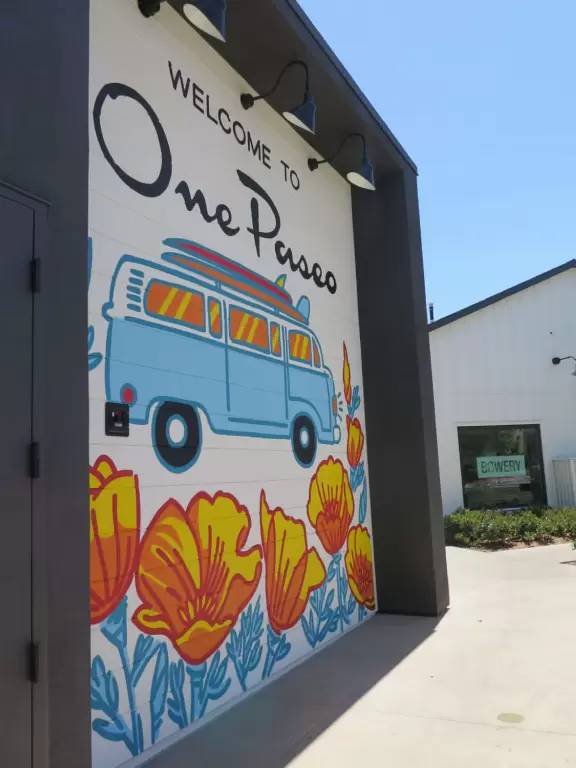 Upscale, colorful plaza in farmhouse style, with modern cafes. Kids climb on a huge log. The fire pit is fantastic at night, surrounded by eucalyptus trees.