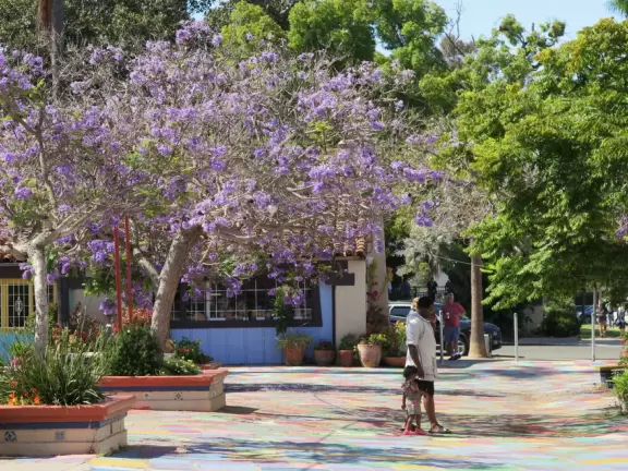 Special area of Balboa Park with adobe buildings, mesquite trees, and brightly colored tiles on the ground. Heart sculpture, and SD Gem Museum. Plus, the wonderful carousel!