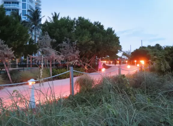 Beautiful beach with purple lifeguard shack, shady playground and park with turtle sculpture, and bike path that runs past it.