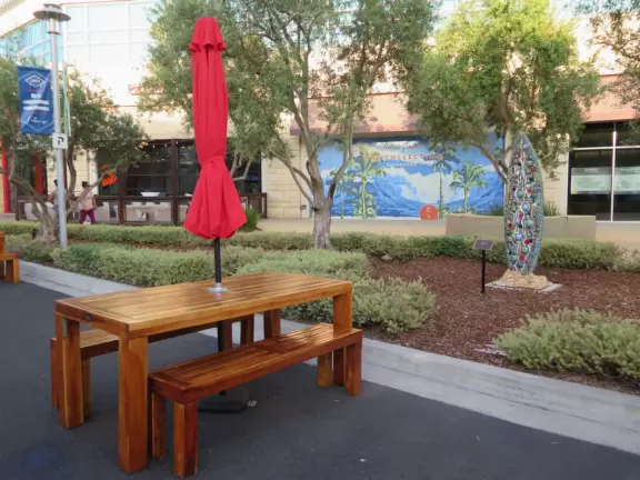 Modern mall with public spaces, fountains, splash pad, cafes, movie theater, and plenty of good shops.