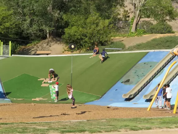 Best playground you'll ever visit! Huge slides, hillside slides, steep grass slope for cardboard sledding, cable zipline, and pretty trees to picnic under.