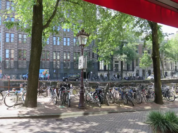 Flowers on bridges over canals, leafy outdoor seating at cafes, bustling streets, interesting museums, gingerbread architecture.