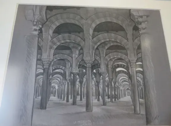 Beautiful palace in square full of trees, with strange and wonderful paintings and illustrations by M. C. Escher.