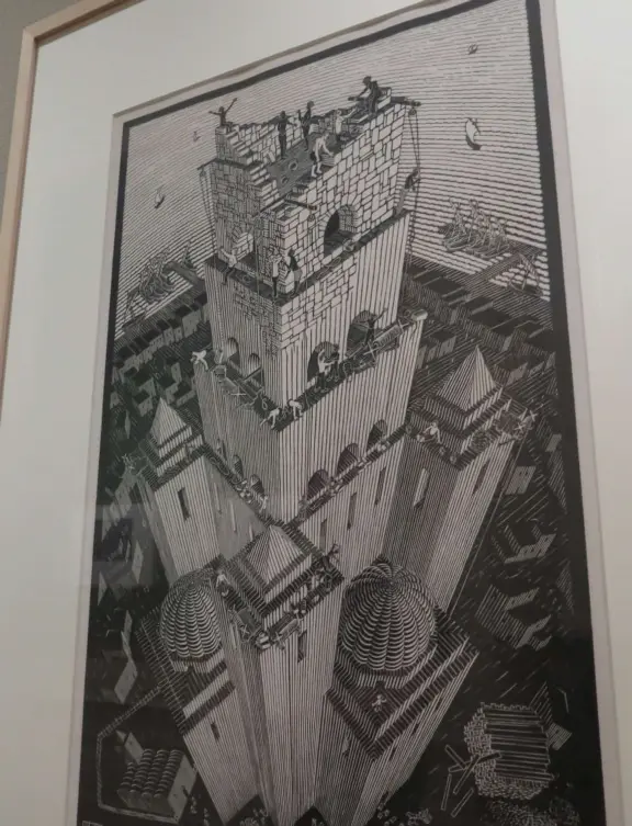 Beautiful palace in square full of trees, with strange and wonderful paintings and illustrations by M. C. Escher.