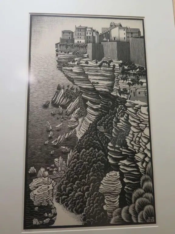 Beautiful palace in square full of trees, with strange and wonderful paintings and illustrations by M. C. Escher.