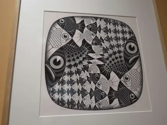 Beautiful palace in square full of trees, with strange and wonderful paintings and illustrations by M. C. Escher.