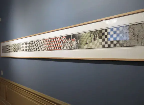 Beautiful palace in square full of trees, with strange and wonderful paintings and illustrations by M. C. Escher.