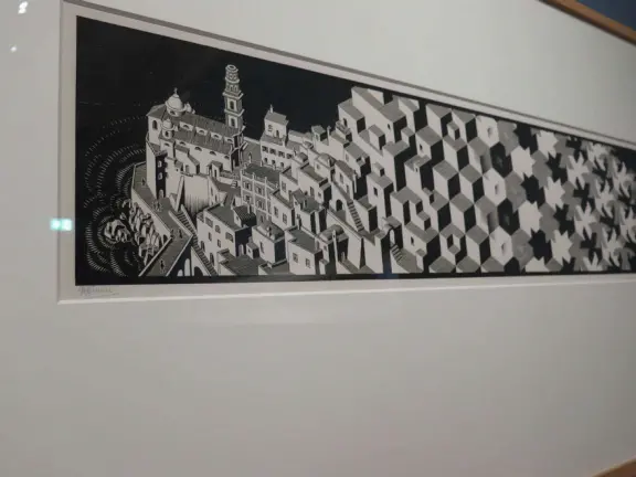 Beautiful palace in square full of trees, with strange and wonderful paintings and illustrations by M. C. Escher.