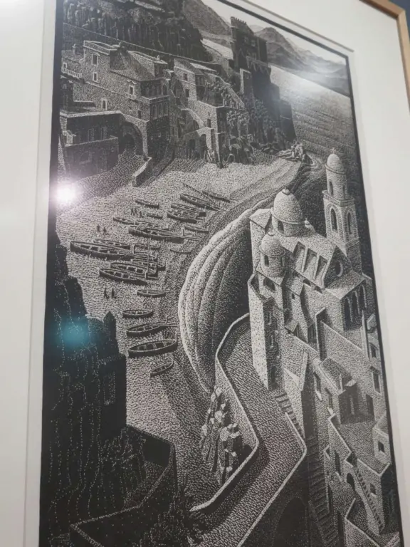 Beautiful palace in square full of trees, with strange and wonderful paintings and illustrations by M. C. Escher.