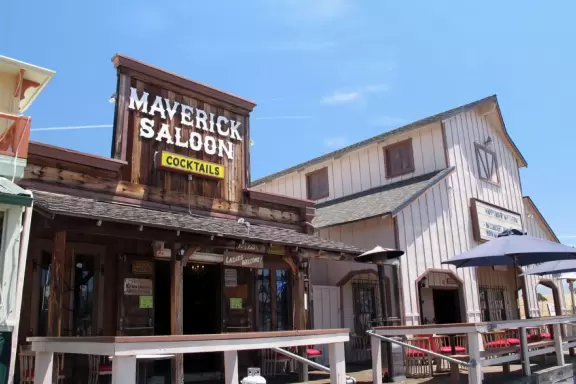 Cute town with wild west buildings and restaurants in Victorian houses.