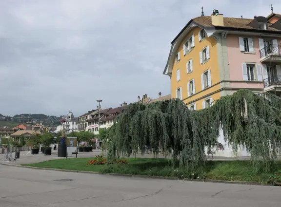 Beautiful waterfront walking path with flower beds, giant fork sculpture on the water, food museum with interesting garden, and square with historic buildings and cafes.