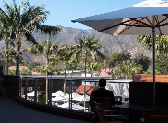 Fantastic outdoor mall with palm trees swishing in the breeze over a hardwood deck and a wood stage with live music on weekends.