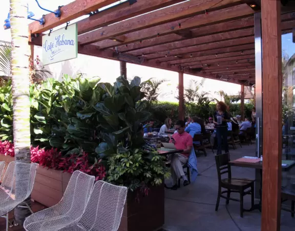 Fantastic outdoor mall with palm trees swishing in the breeze over a hardwood deck and a wood stage with live music on weekends.