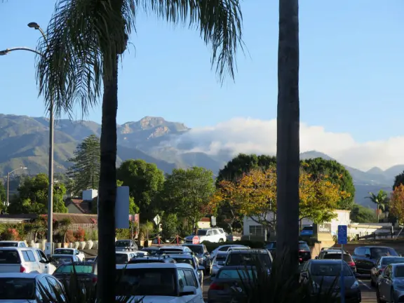 Italian restaurant with delicious gelato, independent bookstore, and excellent French bakery, plus castle tower and view of the mountains.