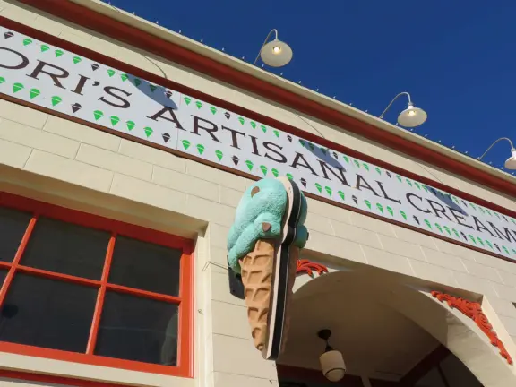 Nice little main street, with cafes, pretty storefronts, park, swinging bridge over a creek with tropical vegetation, and neighborhood with white picket fences and gardens.