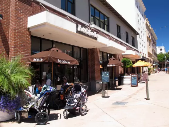 European-style mall in downtown San Luis Obispo with sidewalk cafes.
