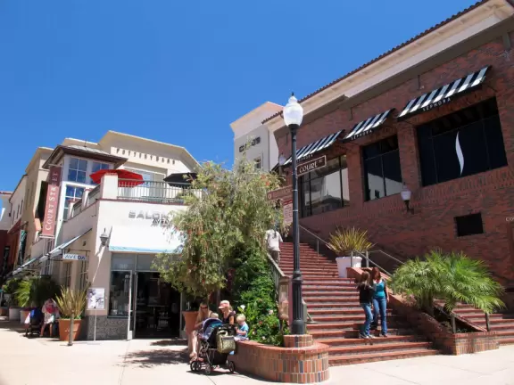 European-style mall in downtown San Luis Obispo with sidewalk cafes.