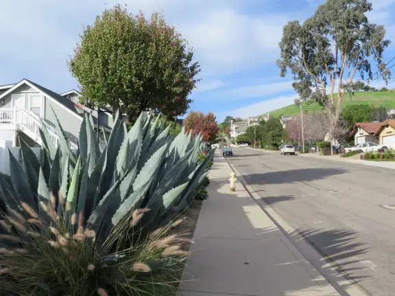 Bike path with views of hills all around, and pretty neighborhood nearby.