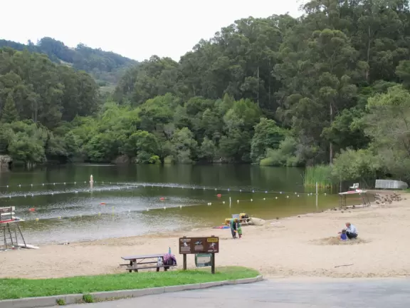 Lake with sandy beach and pretty views of forest across the water.