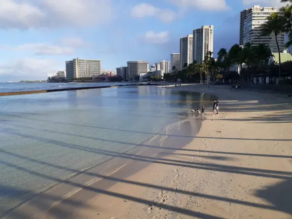 A jetty with a gazebo on the end, in the heart of Waikiki Beach. A popular bodyboarding and snorkeling spot where the reef is inches from your knees!