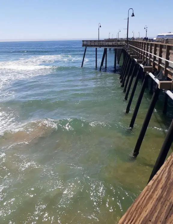 Gorgeous spot with wide pier, surfers carving the waves, whale playground, wide open attractive plaza, Pismo Beach selfie sign, and wooden promenade with views of the hills and sea.